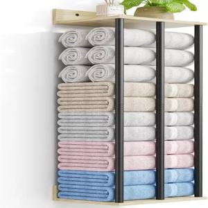 WegXY 욕실 벽걸이용 수건걸이 롤 타월용 바 3개 나무 선반이 있는 금속 수건 홀더 견고하고 대용량 보관