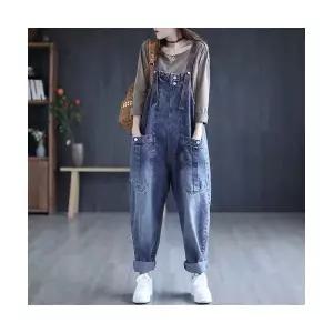 EAMT 여성용 데님 빈티지 캐주얼 빅사이즈 청바지 봄가을 점프슈트 멜빵바지 와이드 배기 YJ3