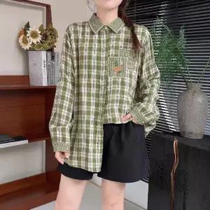 스파이더맨 여성용 가을 체크 긴팔 칼라 셔츠 상큼 자수 카디건 상의 빅사이즈 OPH3