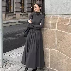 [SBD] 원피스 긴팔 반목 여자 해외 플레어 슬림핏 롱 여행