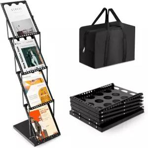 LIWSHWZ 접이식 문학 브로셔 디스플레이 스탠드 4 포켓 매거진 랙 플로어 무역 전시회 사무실 블랙