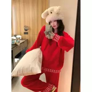 천진반 레드 하프 잠옷 잠옷세트 입을 커플 세트 수 기모 본명년 따뜻하게 겉옷으로 카디건 실내복 KUK1