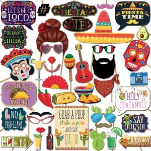 피에스타 포토 부스 소품 - 41개 키트 10 표지판 8개 포함 접착 패드 60개 스틱 45개 멕시코 사진 신코 데
