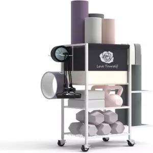 요가 매트 보관 랙 홈 체육관 운동 기구 피트니스 웨이트 온 휠 블록 폼 롤러 저항 밴드 덤프벨 케틀벨 및