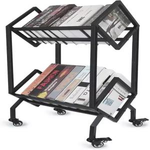 360 회전 휠 2단 금속 책 카트가 있는 GSMFS 공부방 거실 소파 침대 도서관 기울어진 책장 사용됩니다