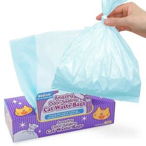 BOS 놀라운 냄새 봉인 고양이 배설물 가방 - 내구성이 뛰어나고 무향 [사이즈: M, 색상: 연한 파란색] 90개, 1팩 90개 가방