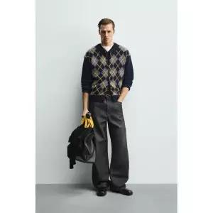 ZARA 100% 울 마름모 가디건 - 블루 372960