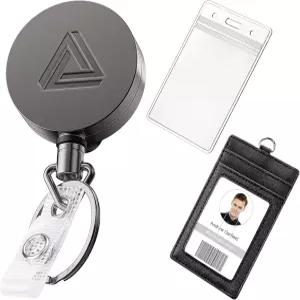 벨트 클립 키 링이 있는 헤비 듀티 금속 접이식 배지 홀더 릴 방수 수직 투명 신분증 및 PU 가죽