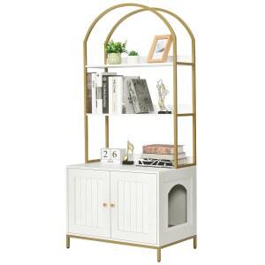 홈헤디 고양이 쓰레기통 인클로저, 2단 수납 선반이 있는 쓰레기통 가구, 금속 프레임이 있는 나무 고양이 화장실 가구, 모던 스타일, 화이트 및 골드