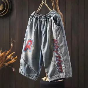 여성용 배기핏 청바지 여름 얇은 레터링 자수 데님 6부 바지 밴딩 캐주얼 CH2