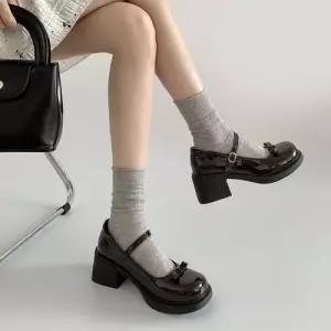 EAMT 갈색 여자 빈티지 여름 하이힐 프렌치 힐 리본 라운드 슈즈 YJ2