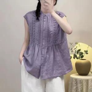 여성 블라우스 여름 모시 민소매 차이나 싱글 아코디언 미디엄 톱 OP2