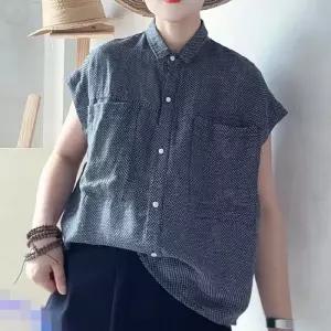 여성 블라우스 선염 마 셔츠 여름 민소매 빈티지 터틀넥 빅 포켓 상의 OP2