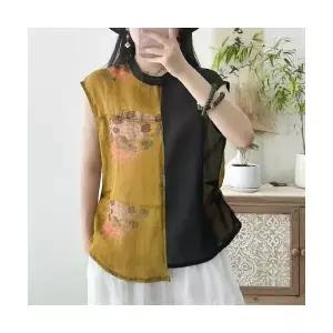 여성 바지 모시 프린트 조끼 여름 빈티지 차이나 반버튼 트윌 민소매 셔츠 OP2