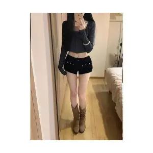 EAMT 팬츠 여성용 검정 데님 여름 로우 스키니 청반바지 핫팬츠 랩 YJ2