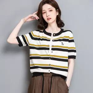 여성용 니트 여름 캐릭터 티 반팔 쿨링 카디건 쇼트 프린트티 상의 자수 스트라이프 KS2