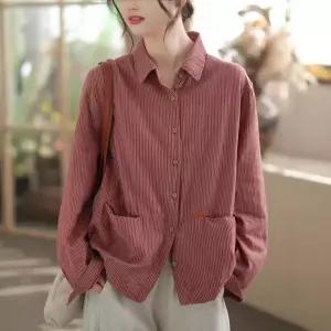 여성용 스트라이프 셔츠 봄 캐주얼 면 긴팔 루즈핏 카디건 KS1