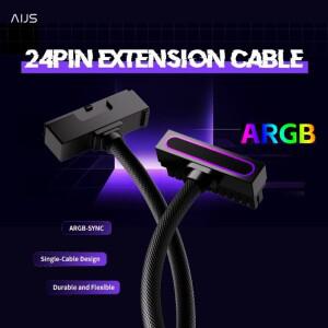 AIJS 24핀 PSU 연장 케이블  5V 3핀 ARGB PC 18AWG 90도 직각 디자인 전원 코드  남성-여성 연결