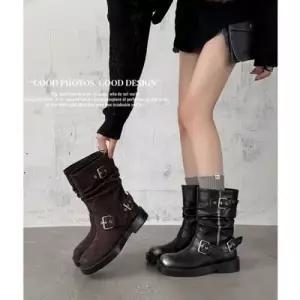 여성 빈티지 워커힐 신발 라운드 통굽 스크럽 가죽 버클 워커 앵클부츠 KS5