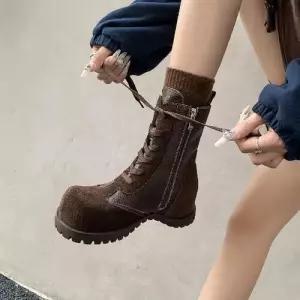 여성용 빈티지 스크럽 신발 캐릭터 스트랩 라운드 워커 앵클 키높이 워커힐 소가죽 KS5