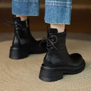 여성 가죽 앵클 옆지퍼 통굽 워커힐 버전 부츠 신발 슬림 소가죽 워커 KS5