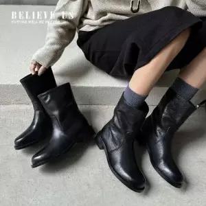 여성용 빈티지 라운드 신발 리얼 앵클 소가죽 슬림 통굽 미들굽 워커힐 부츠 KS5