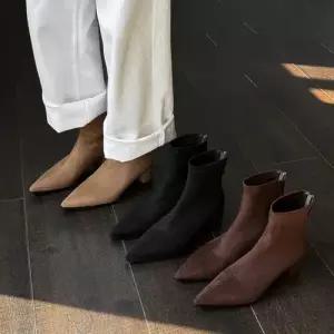 빈티지 여친 소가죽 슬림 스판 통굽 부츠 스웨이드 신발 스틸레토 워커힐 앵클 KS5