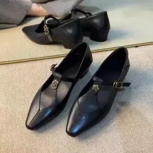 여성용 빈티지 오피스룩 메리제인 신발 양가죽 프렌치 펀칭 통굽 스트랩 펌프스 단화 스트랩힐 KS5