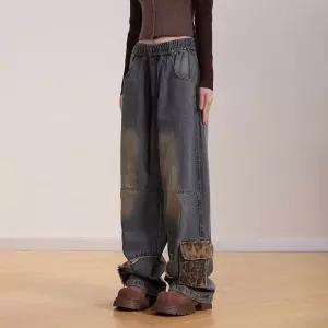 여성용 팬츠 빈티지 배기핏 청바지 패치 퍼 호피 빅포켓 봄가을 하이 스트리트패션 와이드 KS1