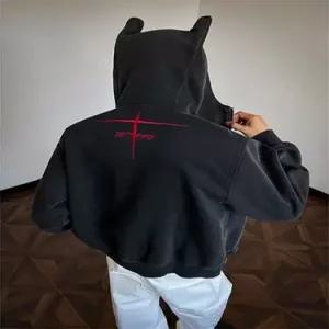 가을 남사친 블랙 가디건 워싱 데빌 맨투맨 십자가 자수 후드 카디건 OP3