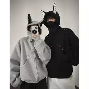 남자 가을 커플 카디건 맨투맨 장식 귀 쇼트 후드 OP3