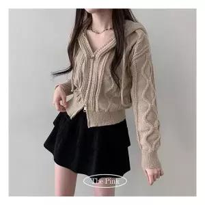 더핑크 / 베르 루즈핏 케이블 세미 크롭 니트 후드집업 199838