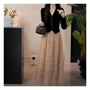 [아리엘스타일]블랙 가디건+티어드스커트 미우블투피스