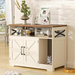 할리타 고양이 쓰레기통 인클로저, 스크래치 패드가 있는 쓰레기통 가구, 농가 실내 고양이 집 화장실 끝 테이블, 흰색