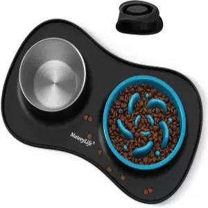 메이티라이프 개 사료 및 물그릇 세트 3 in 1 슬로우 피더 개그릇 스테인리스 스틸 비누출 실리콘 매트