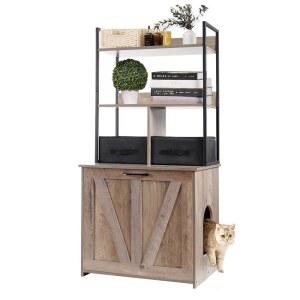 수납 선반 2개와 서랍 2개가 있는 드완튼 쓰레기통 인클로저, 선반이 있는 2-in-1 고양이 쓰레기통 인클로저 가구, 리버서블 입구, 세탁 가능한 서랍, 50인치, 그레이지