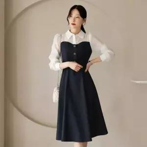 ~XXL까지 기장선택 리노바 퍼프 소매 배색 벨트 원피스 가을 하객룩 오피스룩 모임룩 격식룩 빅사이즈12145