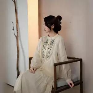 엘럽 여성용 빈티지 춘하 루즈핏 긴팔 모시 차이나 자수 셔츠 상의 원템1