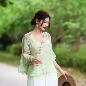 엘럽 여성 여름 빈티지 슬림핏 오간자 상의 브이넥 펀칭 모시 컬러 프린트 셔츠 원템1