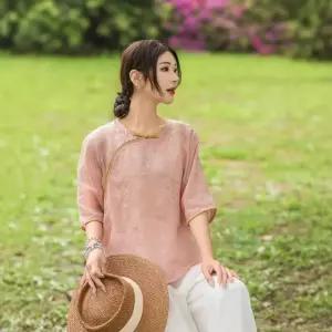 엘럽 여자 여름 셔츠 모시 사선 자수 라운드 빈티지 반팔 상의 원템1