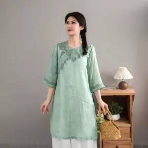 엘럽 여자 여름 셔츠 모시 사선 자수 상의 브이넥 루즈핏 빈티지 풀오버 원템1