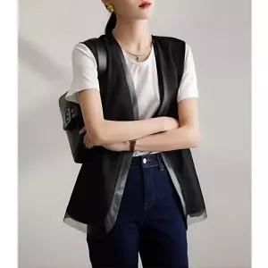 무천도사 여사친 여자 실크 캐주얼 코트 클래식 민소매 조춘 프렌치 뽕나무 베스트 브이넥 톱 KKE1