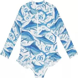 폭스너브 걸스 원피스 수영복 번호 67 블루 말린스 피쉬 롱 슬리브 래쉬 가드 UPF50 3-12 년
