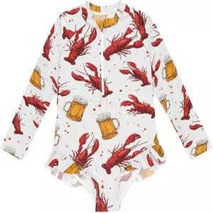 폭스너브 걸스 원피스 수영복 맥주 레드 가재 긴 소매 래쉬가드 UPF50 3-12 년