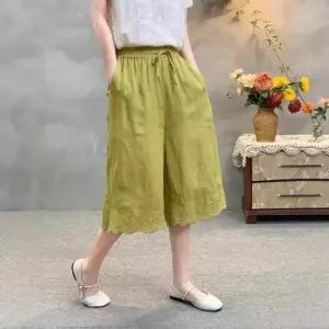 바지 여친 여름 밴딩 이중 마 모시 펀칭 통 자수 7부 MF2