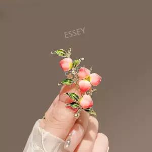 여성용 모양 배지 녹색 과일 복숭아 잎 식물 에나멜 핑크 버클 복숭아핀 브로치
