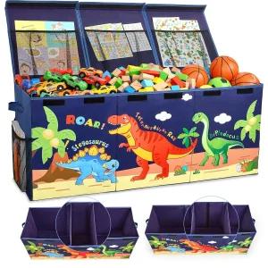 조절 가능한 칸막이 장난감 상자 대형 보관함 뚜껑 주머니가 있는 접이식 놀이방 어두운 파란색 공룡