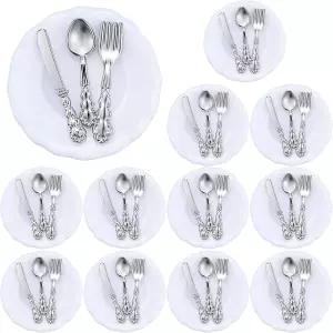 스카이티 4피스 1 12개의 스케일 미니어처 인형집 액세서리 미니 접시와 스푼 나이프 포크 금속 식기 주방