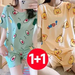 세트 여성 반팔 여름 반바지 2개 베어카도 오리 잠옷