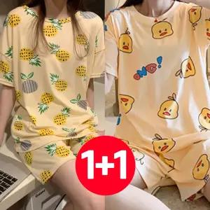 반바지 반팔 여성 여름 세트 오리 2개 파인애플 잠옷